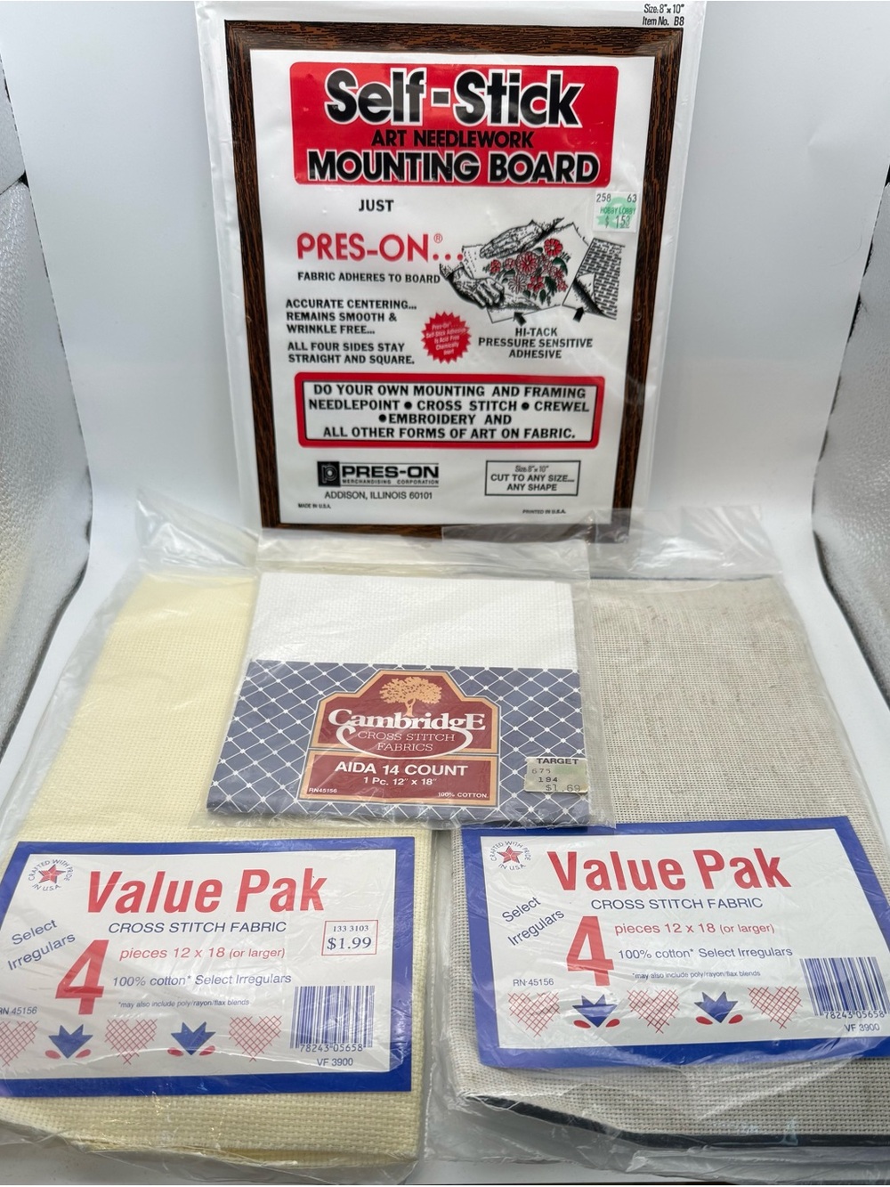 Mounting Board & Assorted Aida Cross Stitch Fabric -Brand New